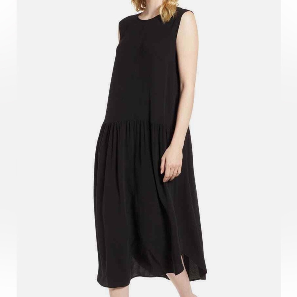 Eileen Fisher 100% Silk Black Georgette Minimalist Elegant Midi Dress Size XS